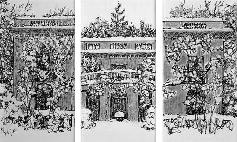 515. Van Vleck Winter II pen + ink drawing with graphite 13x21 triptych
